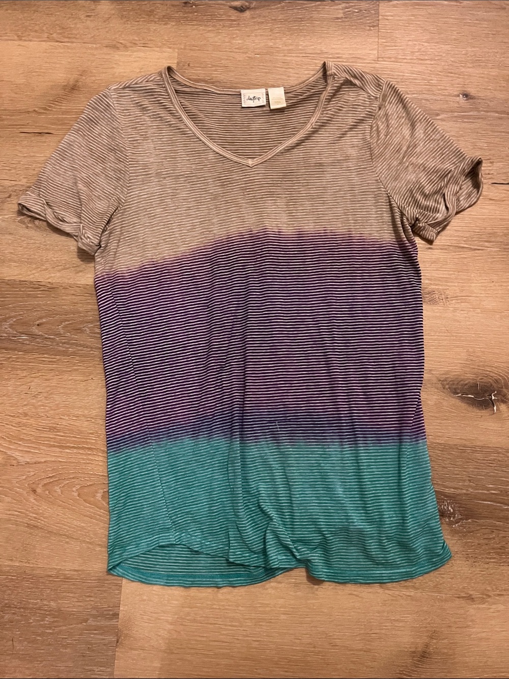 Daytrip Striped V-Neck Short Sleeve Tee in Cream, Purple & Teal